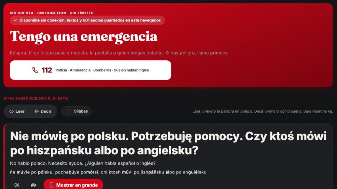 Ekran alarmowy PoPolsku! z numerem 112 i zdaniem z prośbą o pomoc po polsku