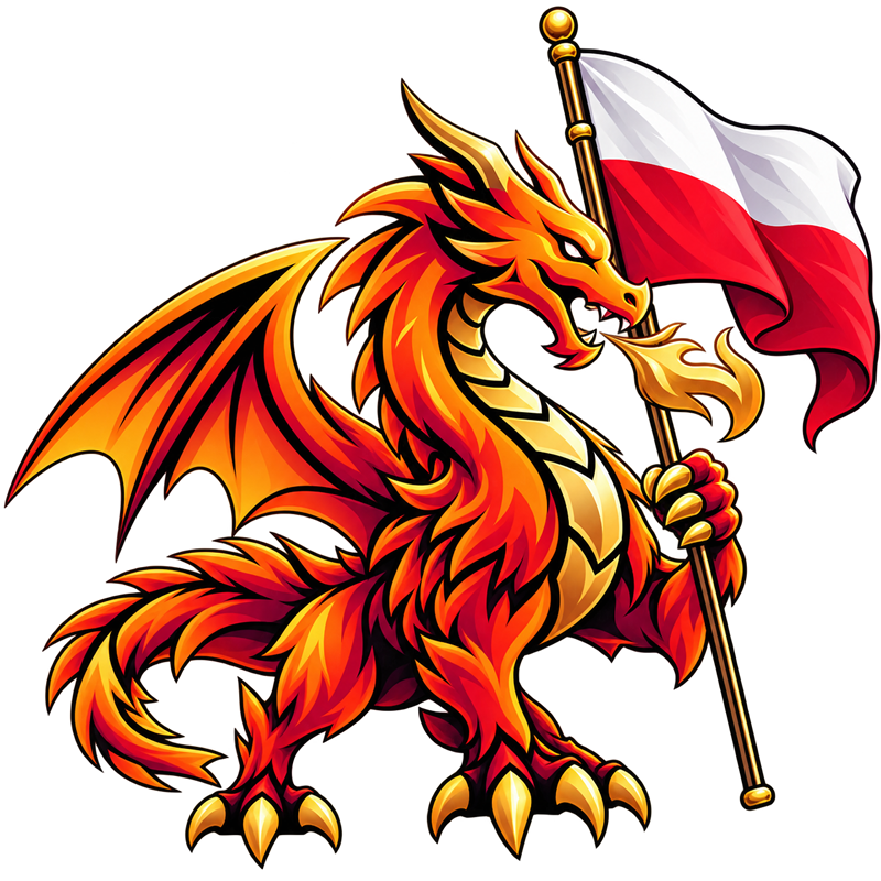 Smok wawelski z flagą Polski